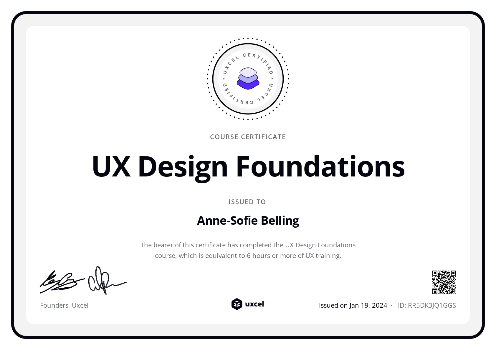 Anne-Sofie Belling's certificate